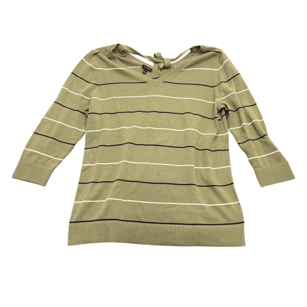 Talbots Striped V-Neck Sweater Womens Large Green 3/4 Sleeve Back Tie Knit Top